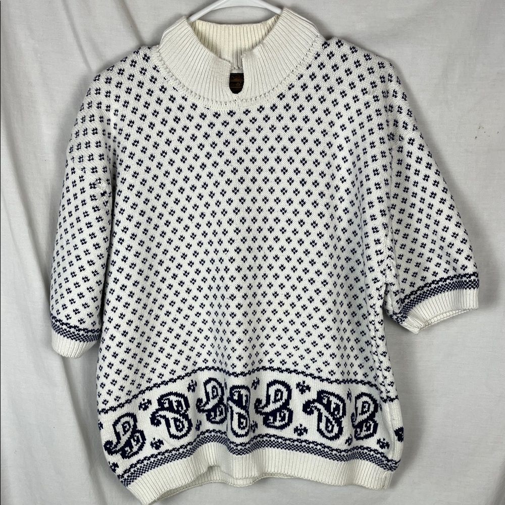 Vintage 1990 Eddie Bauer White and Blue Houndstooth Cotton Short Sleeve Sweater